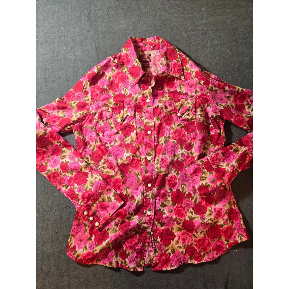 Vintage Lucky Brand Shirt Womens XL Western Floral Pearl Snap Red Boho Cowgirl